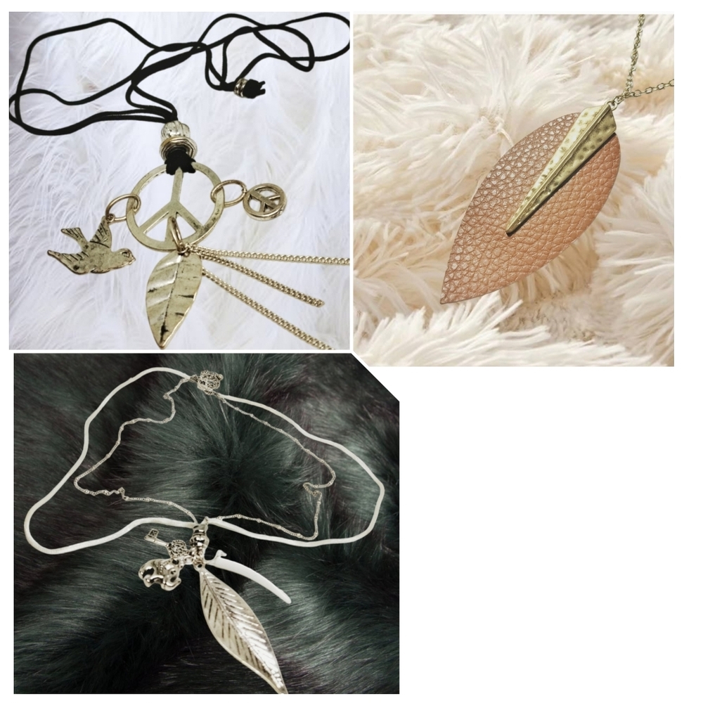 Gold & Silver Leaf Motif Necklaces. Set of 3.